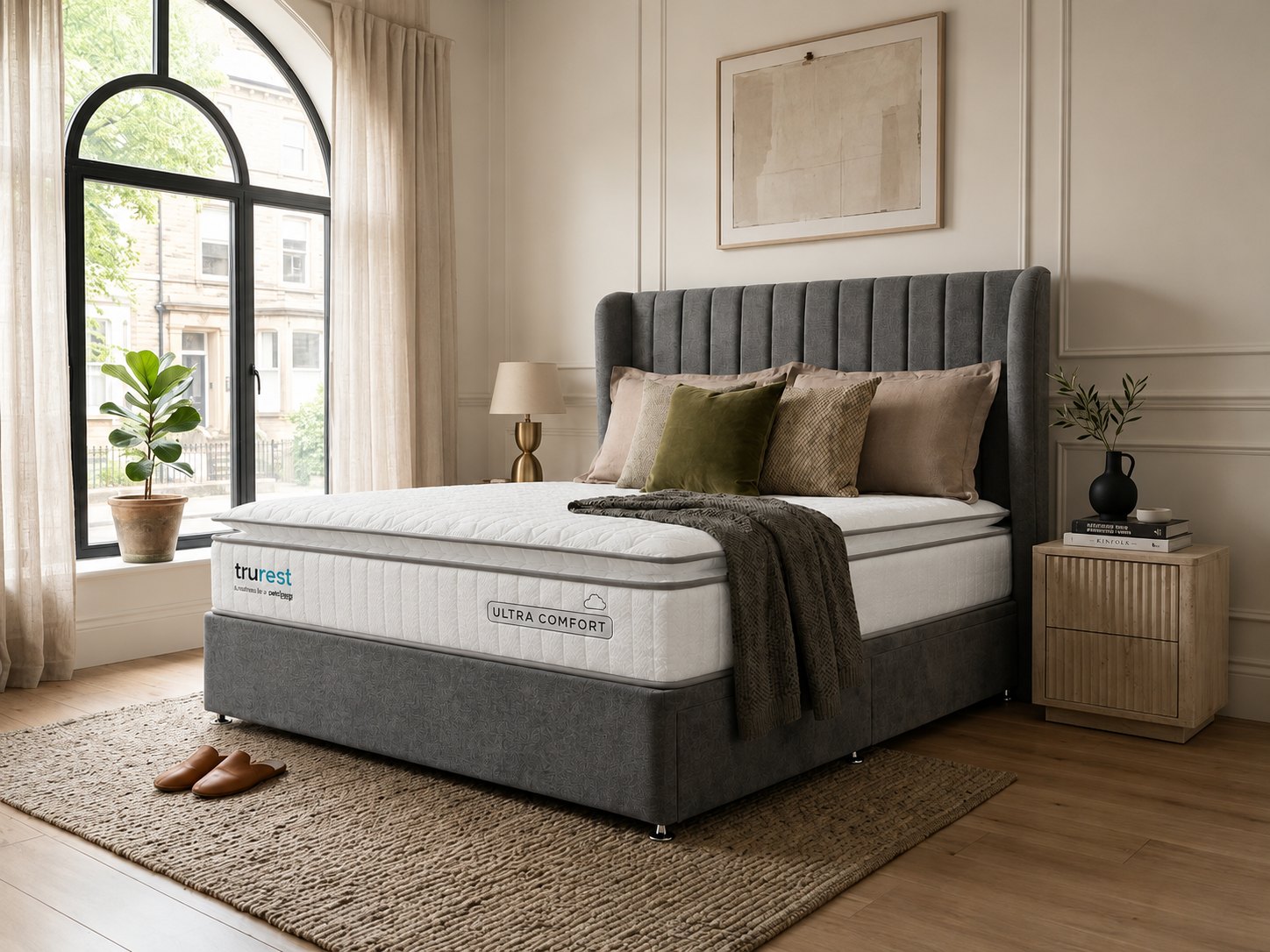 Trurest bed with grey divan base and matching headboard