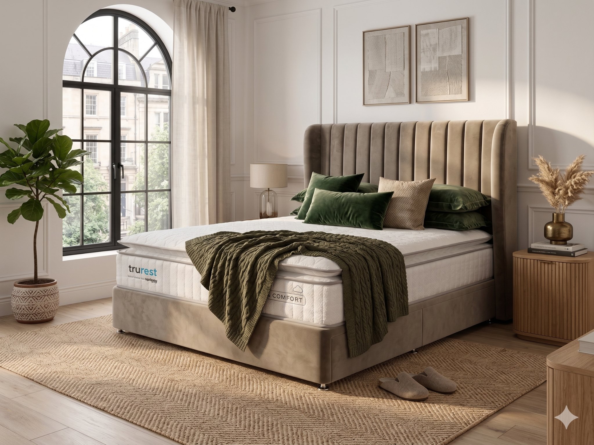 Trurest mattress and divan bed in a natural bedroom setting